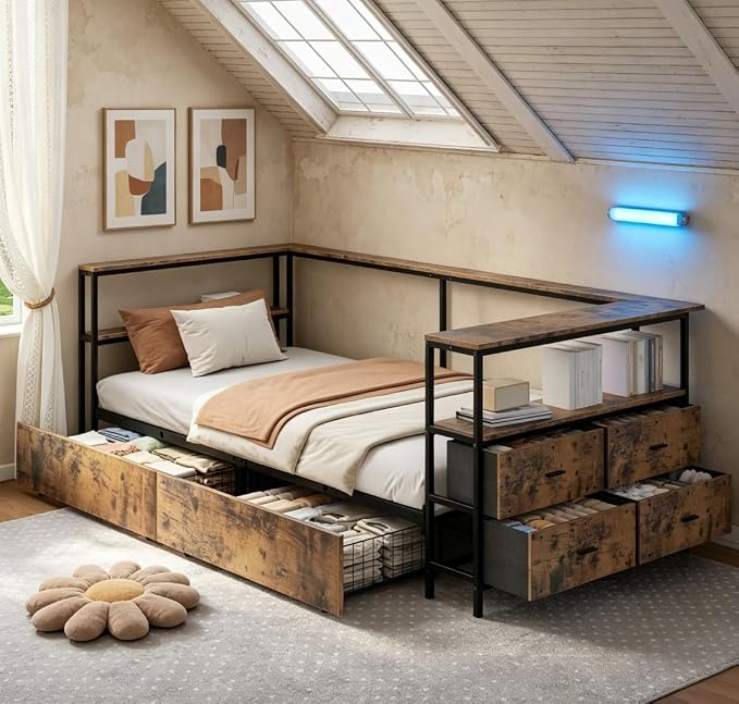 Bellemave Twin Corner Bed Frame with Desk and Storage, Twin Size Corner beds with Charging Station and LED Light, Wood Daybeds with L-Shaped Bookcase and Drawers, Black+Brown