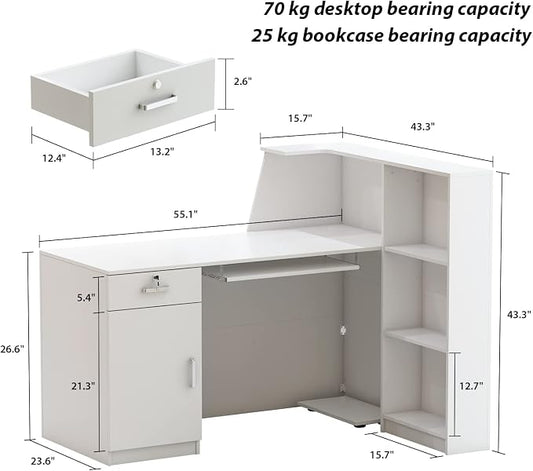 AIEGLE Reception Desk with Hutch, Reception Counter Desk with Lockable Drawers & Shelves, for Salon Recetion Room Retail Counter Checkout Office, White (55.1" W x 43.3" D x 43.3" H)