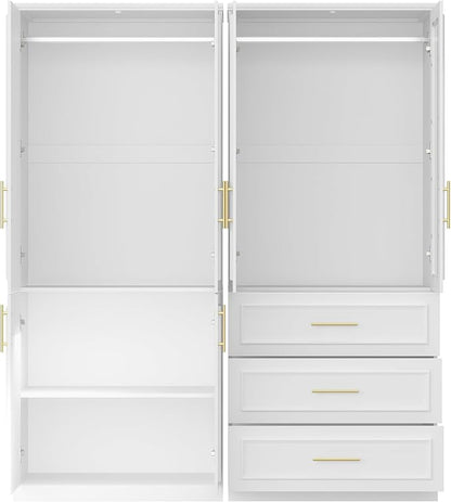 Timechee Almirah for Clothes Combination, White Wardrobe Closet Bedroom Storage Cabinets with Tempered Glass Doors and Shelves, Armoire with Drawers, Large Standing Wardrobe Storage Closet for Bedroom
