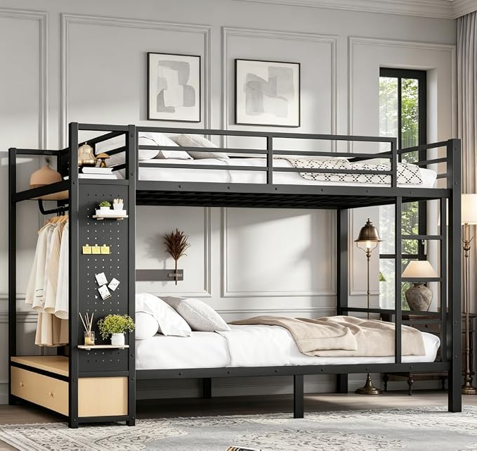 Bellemave Bunk Bed Queen Over Queen,Metal Bunk Beds with Shelf and Guardrails and Storage Drawers and Clothes Hooks for Kids, Teens & Adults（Black）