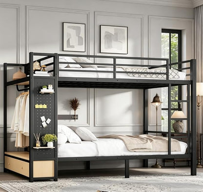 Bellemave Bunk Bed Queen Over Queen,Metal Bunk Beds with Shelf and Guardrails and Storage Drawers and Clothes Hooks for Kids, Teens & Adults（Black）