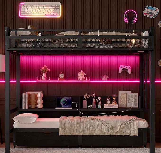 Bellemave Bunk Bed Twin XL Over Twin XL，Metal Bunk beds with Storage Shelves and Drawers USB Ports and LED Lights, Lower Bed That can be Converted into a Sofa, Black