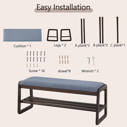 Achicsofar Shoe Rack Bench,2 Tier Solid Wooden Entryway Bench with Shoe Storage, Shoe Rack with Cushion for Living Room, Hallway(Grayish Blue, 39.4")