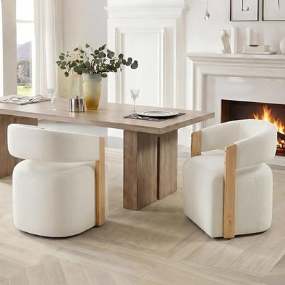 KISLOT Upholstered Dining Chairs Set of 2, Modern Wooden Arm Kitchen & Dining Room Chairs with Hidden Casters, Fabric Padded Rolling Chairs, Sturdy Wood Frame, 300 lbs Capacity, Off-White