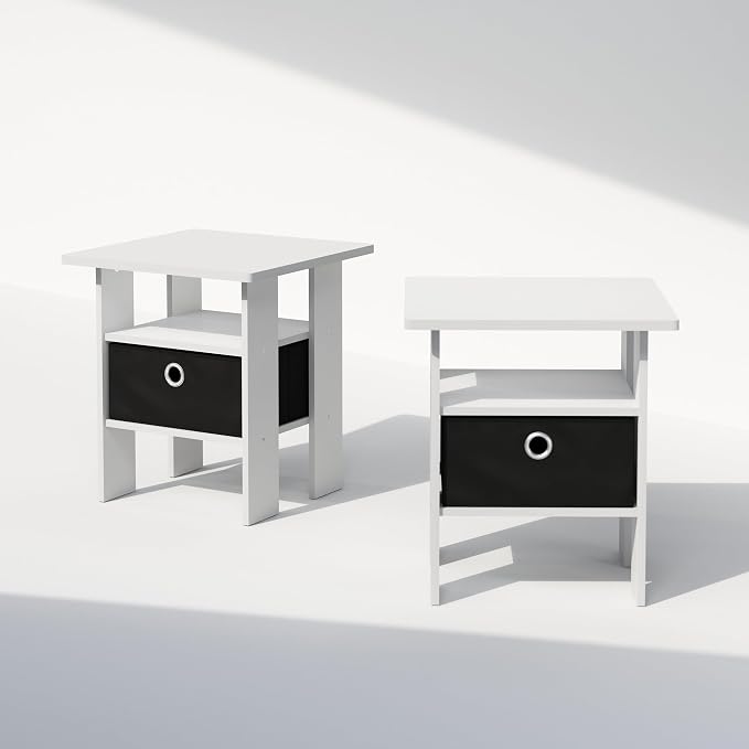 Furinno TIDUR Night Stand Set of 2, Open Shelf Design Nightstand with Storage Bin, Bedside Table, End Table, Side Table, for Bedroom, Closet, Dorm, White