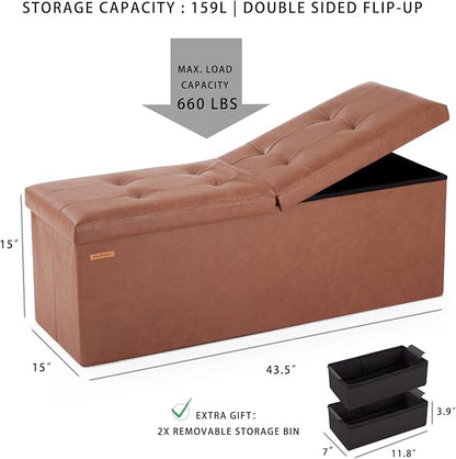 HAUSFRAU Storage Ottoman Bench with Flipping Lid, 43.3 Inches Storage Chest Footsrest, Folding Foot Stool for Entryway, Living Room, Bedroom, Linen Grey