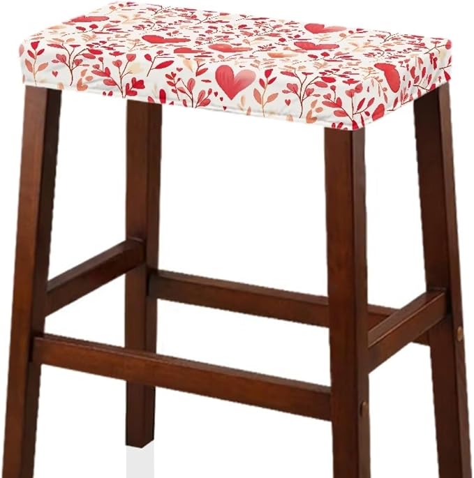 Valentines Day Bar Stool Covers Rectangle Hearts Leaves Bar Stool Seat Covers Rectangle 2 Pack Stretch Washable Vanity Chair Cover for Holiday Party Decor with Elastic Bands