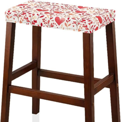 Valentines Day Bar Stool Covers Rectangle Hearts Leaves Bar Stool Seat Covers Rectangle 2 Pack Stretch Washable Vanity Chair Cover for Holiday Party Decor with Elastic Bands