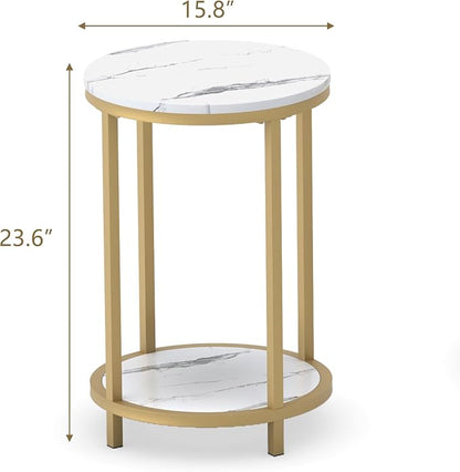 WiberWi Round Side Table, Modern Nightstand End Table with Gold Metal Frame &Faux Marble Top, Accent Bedside Table for Living Room Bedroom Small Spaces with Storage Open Shelf, White