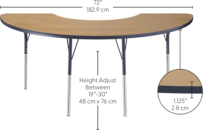 FDP Half Moon (36 x 72) Classroom Teacher Table with Adjustable Standard Swivel Glide Legs (19-30 in) School and Office Furniture - Pasadena Oak Top/Navy Edge and Legs
