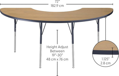 FDP Half Moon (36 x 72) Classroom Teacher Table with Adjustable Standard Swivel Glide Legs (19-30 in) School and Office Furniture - Pasadena Oak Top/Navy Edge and Legs