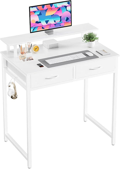DUMOS 31 Inch Computer Desk with Monitor Stand and 2 Drawers, Small Writing Desk for Home Office with Headphone Hook, Compact Study Table for Bedroom, White