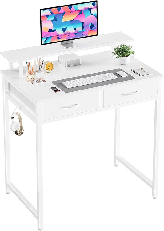 DUMOS 31 Inch Computer Desk with Monitor Stand and 2 Drawers, Small Writing Desk for Home Office with Headphone Hook, Compact Study Table for Bedroom, White