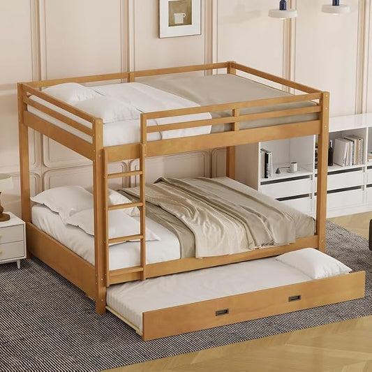 Merax Queen Size Bed with Trundle - Space-Saving Solid Wood Frame, Built-in Safety Rails and Ladderm, Wood