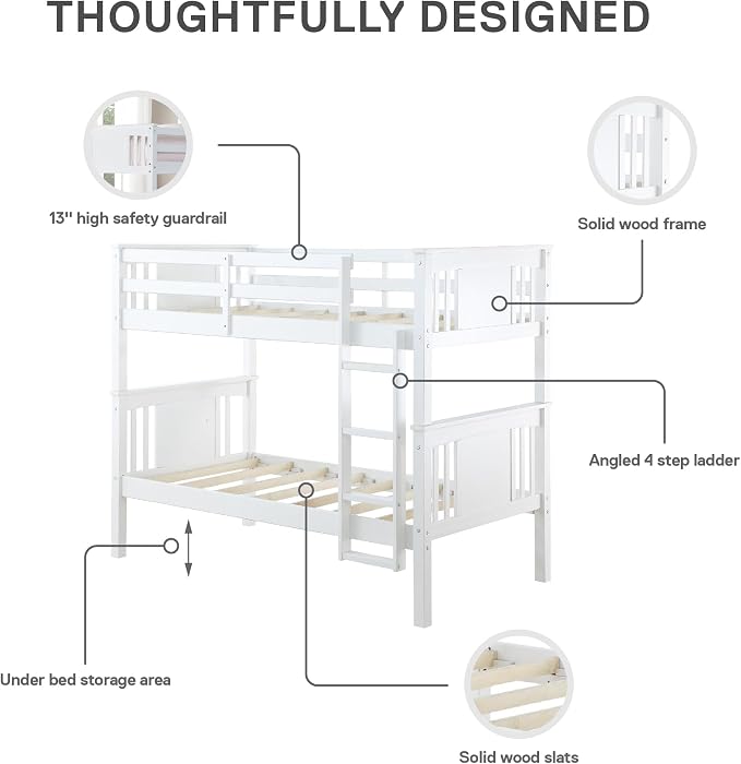 DHP Dylan Convertible Wood Bunk Bed, Stackable and Detachable Bed Frames for Kids and Teens, with Ladder, High Guardrail, Wood Slats, No Boxspring Required, Twin-Over-Twin, White