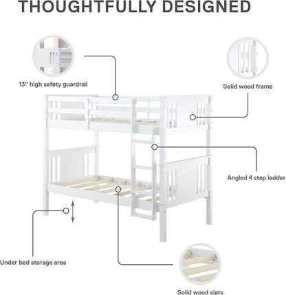 DHP Dylan Convertible Wood Bunk Bed, Stackable and Detachable Bed Frames for Kids and Teens, with Ladder, High Guardrail, Wood Slats, No Boxspring Required, Twin-Over-Twin, White
