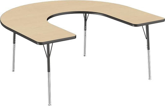 FDP Horseshoe Activity School and Office Table (60 x 66 inch), Standard Legs with Swivel Glides for Collaborative Seating Environments, Adjustable Height 19-30 inches - Maple Top and Black Edge