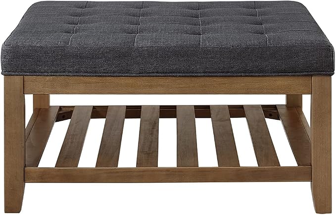 24KF Large Square Upholstered Tufted Linen Ottoman Coffee Table, Large Footrest Ottoman with Solid Wood Shelf- Charcoal