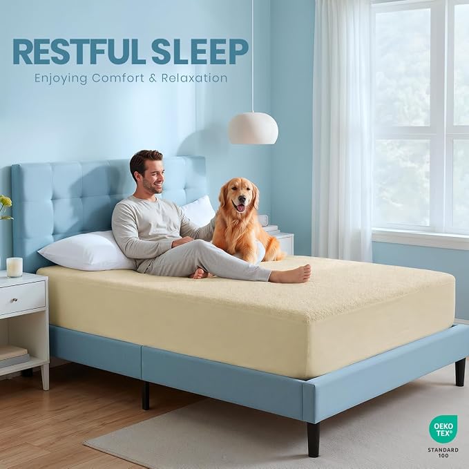 Twin Size Mattress Protector Waterproof, Premium 200 GSM Terry Mattress Cover, Soft & Breathable Bed Cover, Fitted Sheet Style Stretchable Deep Pockets 15" by Utopia Bedding (Beige)
