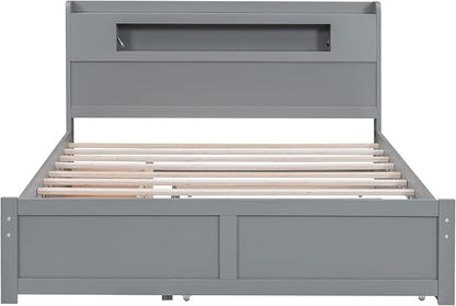 YOPTO Queen Size Wood Storage Platform Bed with LED, 2 Drawers and 1 Twin-Size Trundle, Easy to Assemble,Bedroom Furniture for Children,Teenagers,Adults,Gray