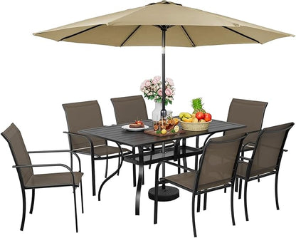 SUNCROWN 8 - Piece Outdoor Dining Set, Patio Furniture Set with 6 Textilene Dinning Chairs, 1 Rectangle Metal Table and 1 Brown 9Ft Patio Umbrella for Lawn Garden Backyard Deck, Brown