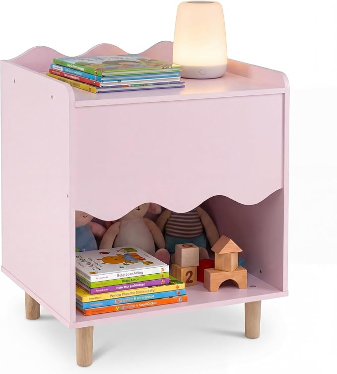 Costzon Nightstand, Kids Scalloped Side Table w/Wide Top, Large Storage Compartment & Solid Rubber Wood Legs, Wooden End Table for Children's Play Room, Bedroom, Living Room (Pink)