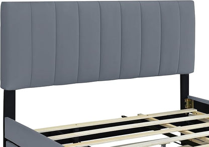 Bellemave Queen Bed Frame with Trundle Bed,Velvet Upholstered Platform Bed Frame with Storage Drawers,Queen Size Trundle Bed with Headboard for Kids Teens Adults,Gray