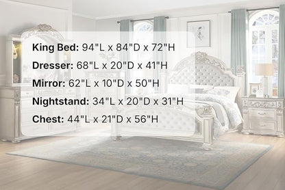 First of a Kind Platinum Traditional 5 Piece King Bedroom Set with Upholstered Tufted Headboard Elegant European Inspired Design Coordinated Furniture Collection, Silver