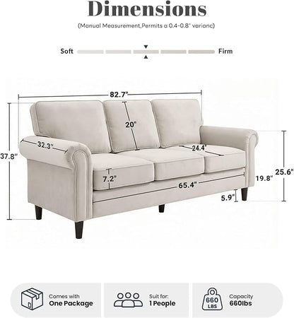 Kingfun 3 Seater Couch, Mid Century Modern Sofa with Rolled Arms and Deep Seats, Fluffy Comfort for Living Room, Apartment, Easy Assembly, Beige