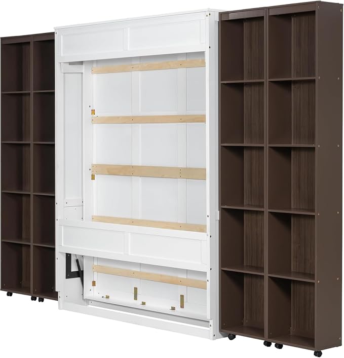 MERITLINE Folding Hidden Queen Murphy Bed Cabinet with Storage Bookcase Bookshelf, Wood Murphy Wall Bed with Storage Shelves Cabinet for Adults (Espresso)