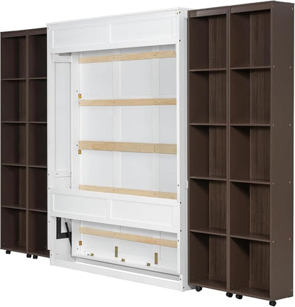 MERITLINE Folding Hidden Queen Murphy Bed Cabinet with Storage Bookcase Bookshelf, Wood Murphy Wall Bed with Storage Shelves Cabinet for Adults (Espresso)