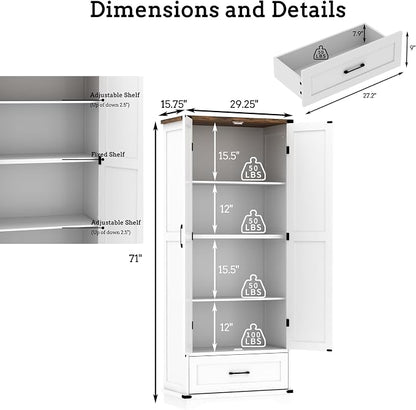 71" Farmhouse Kitchen Pantry Storage Cabinet with Drawer & 2 Barn Doors, Freestanding Cupboard with Adjustable Shelves, Modern Floor Cabinet for Kitchen, Dining Room, Living Room, White