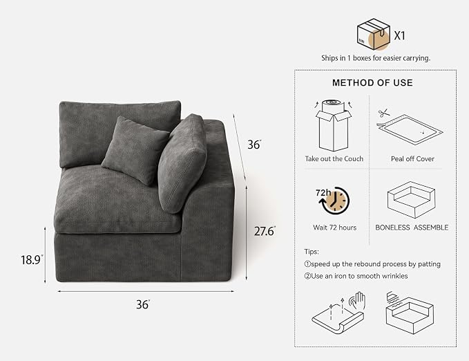36 Inch Corner Seat | Modular Sectional Couch Sofa | Dark Grey