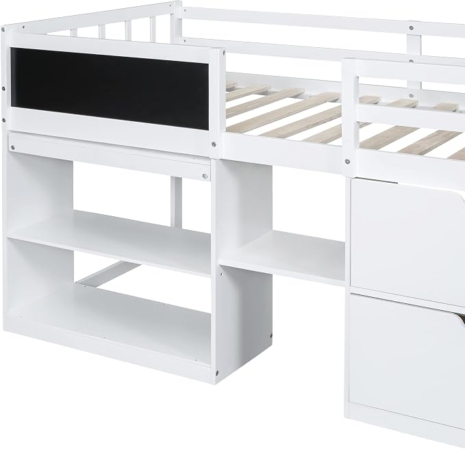 Bellemave Twin Size Low loft Bed for Kids,Wood Loft Beds,Modern Farmhouse Twin loft Bed,Loft Bed with Rolling Desk and Storage, Shelf and Drawers No Box Spring Needed,for Kids, White