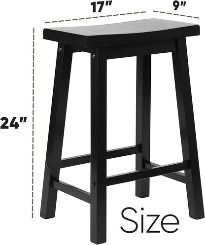 PJ Wood 24 Inch Single A Frame Classic and Modern Comfortable Wooden Bar Stool Saddle Seat with Built in Bars as Footrests, Black