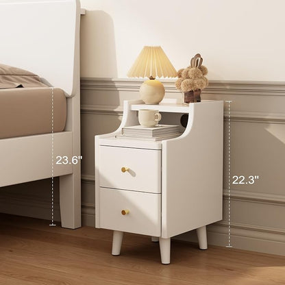 Narrow Nightstand with 2 Drawers,White Nightstand,Bedside Table,Solid Wood Modern Bedside Table for Bedroom,Study,Toilet