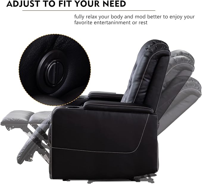 CANMOV Electric Power Recliner Chair with USB Ports and Cup Holders, Breathable Leather Home Theater Seating with Hidden Arm Storage (Black)