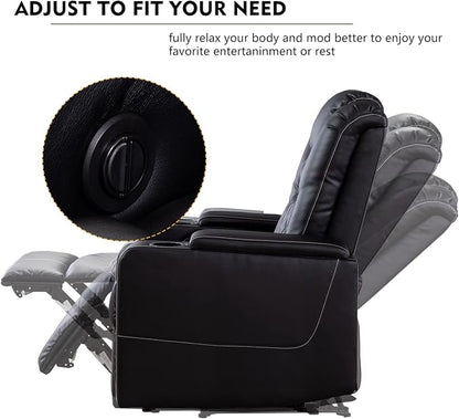 CANMOV Electric Power Recliner Chair with USB Ports and Cup Holders, Breathable Leather Home Theater Seating with Hidden Arm Storage (Black)