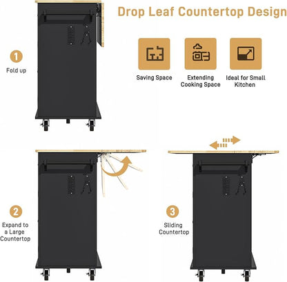 Hlivelood 55" Movable Kitchen Island with Drop Leaf and Power Outlet, Rolling Cart with Storage Cabinet, Island Table on Wheels for Kitchen with 2 Drawers, Spice Rack, Towel Bar, Garage Hook, Black
