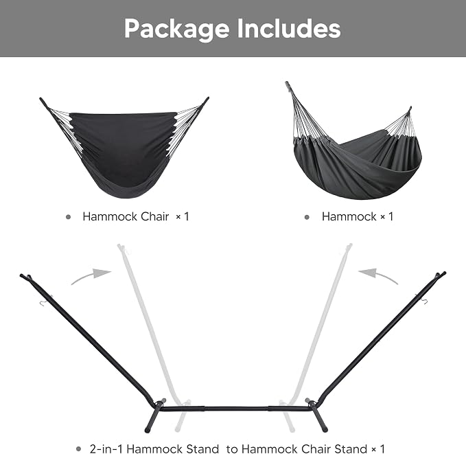 SUNCREAT 2-in-1 Hammocks Convertible Portable Double Hammock with Stand Included, Outdoor Hammock and Stand, Patented, Dark Grey