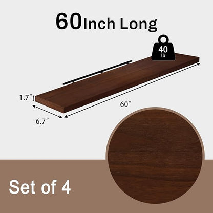 Floating Shelves for Wall, 60 Inch Extra Long Walnut Wall Shelves, Set of 4, Hanging Invisible Brackets Floating Shelves for Living Room,Bedroom,and Kitchen