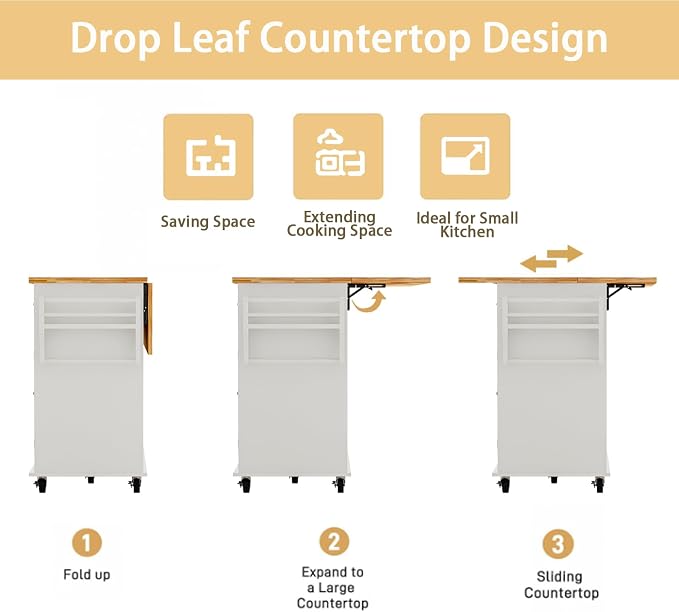 JassmiPkwy 67’’ Movable Kitchen Island with Drop Leaf and Power Outlet, Lockable Sliding Countertop Rolling Island Cart with 2 Large Drawers, Spice, Towel Rack,White