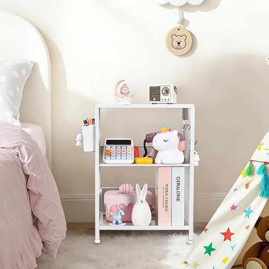 White Small Nightstand, Kids Nightstand for Bedroom, End Table with Hooks and Holder, Toddler Bedside Table for Girls, Desk Organizer for Office, Dorm (White)
