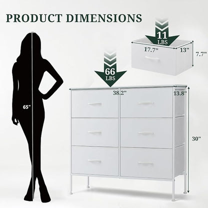 6-Drawer Dresser for Bedroom, Anti-Tip Wide Storage Organizer Chest of Drawers with Wooden Top and Metal Frame Fabric Bins for Closet, Living Room, Hallway, Entryway, White