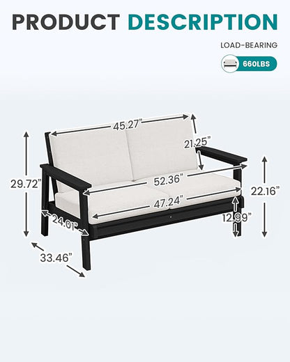 SERWALL HDPE Outdoor Patio Loveseat, All Weather Wood-Like Outdoor Sofa HDPE Outdoor Furniture, Black Frame and Khaki Cushion