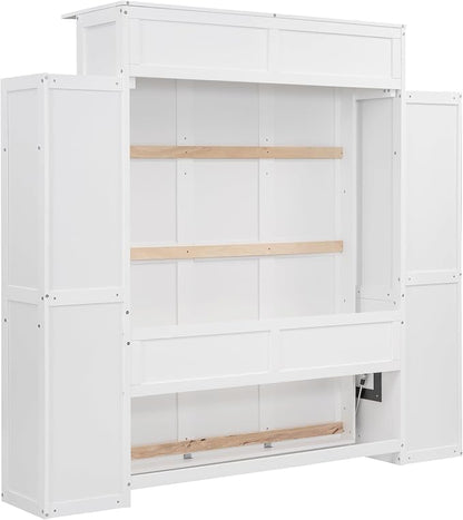 Ball & Cast Full Size Murphy Bed Wall Bed with Shelves and LED Lights,can be Folded,Hideaway Cabinet Frame W/ 2 Five-Layer Cabinets,Slat Support,No Box Spring Needed,for Apartment,Bedroom,White