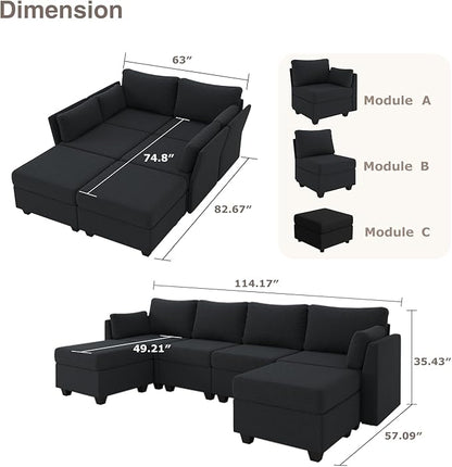 Huatean Home 114.17" Modular Sectional Sofa, 6 Seat Sectional Couches with Storage, Memory Foam, Convertible Modular Couch for Living Room, U Shaped Comfy Modular Sofa with Chaise, Black