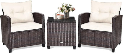COSTWAY 3PCS Patio Furniture Set, PE Rattan Wicker Sofa w/Washable Cushion and Coffee Table, Tempered Glass Tabletop, Outdoor Conversation Set for Balcony, Porch, Yard, Backyard, Lawn, White