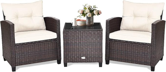 COSTWAY 3PCS Patio Furniture Set, PE Rattan Wicker Sofa w/Washable Cushion and Coffee Table, Tempered Glass Tabletop, Outdoor Conversation Set for Balcony, Porch, Yard, Backyard, Lawn, White