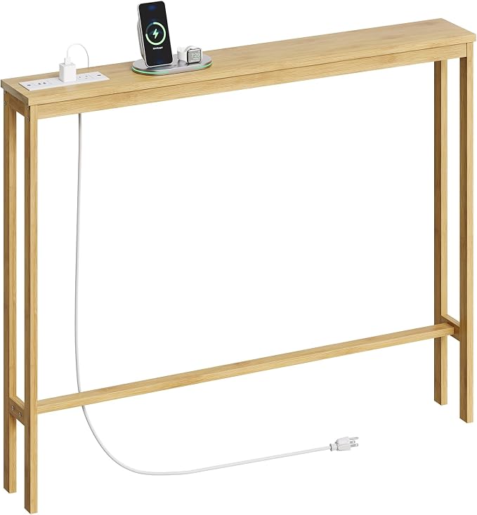ELYKEN Bamboo Narrow Console Table with Charging Station, Slim Sofa Table Behind Couch, Entryway Table with Outlets for Living Room, Hallway, 5.9 x 39.4 x 31.1in, Natural